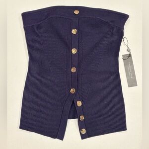 Emerson Lang Navy Blue Strapless Knit Ribbed Top, Gold Buttons, NWT, Medium